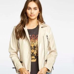 Women's CHASER Moto Jacket, Size Large Beige Tan Pleather NWT Zippers
